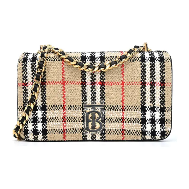 【BURBERRY 巴寶莉】Lola TB LOGO 經典格紋織布小號肩背/斜背包(卡其)