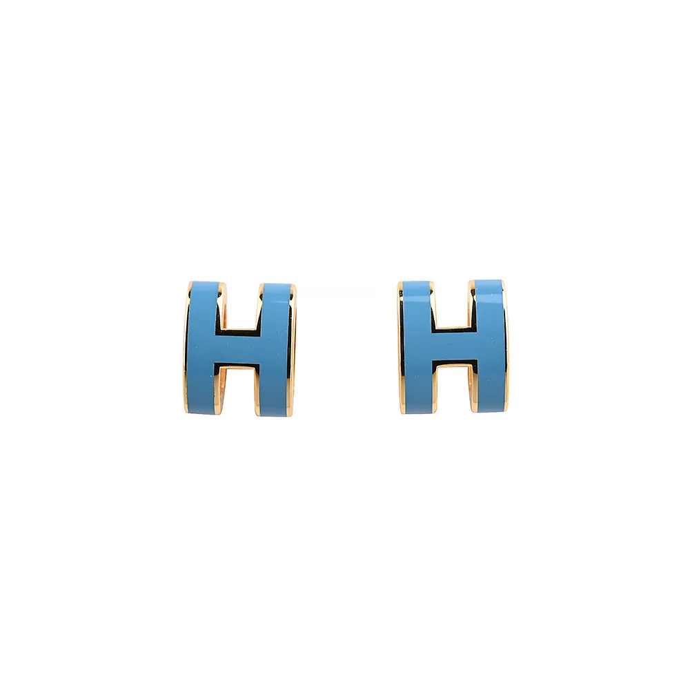 【Hermes 愛馬仕】MINI POP經典立體H字針式耳環(藍x金)