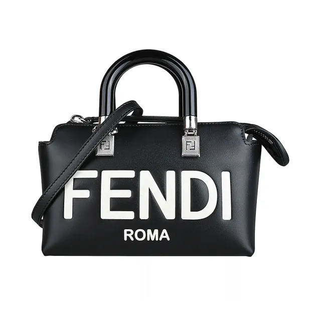 【FENDI 芬迪】By The Way燙印LOGO皮革迷你手提斜背波士頓包(黑x白)