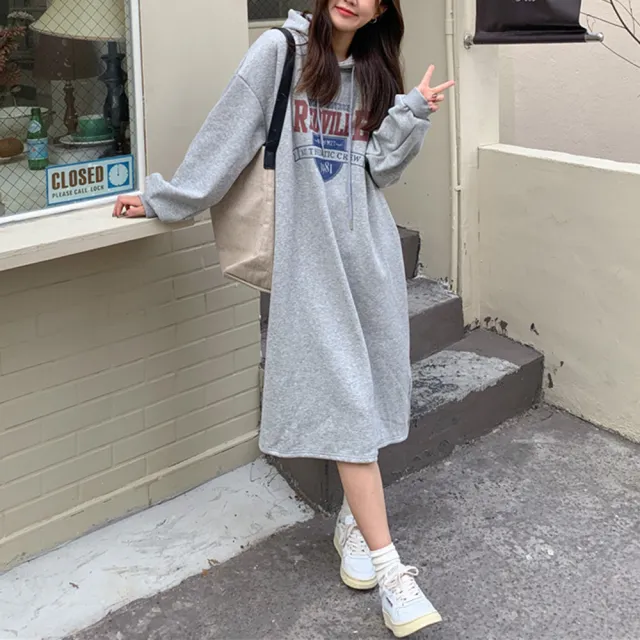 【Amirr 艾米爾】★連帽原宿風中長款連身衛衣(女上衣/長袖/連衣裙)