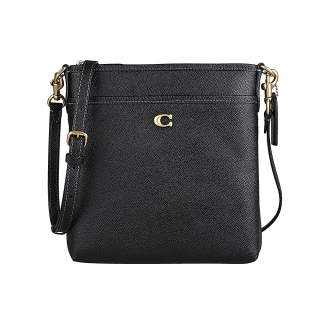 【COACH】Kitt經典C金屬LOGO素面防刮皮革斜背包(黑)