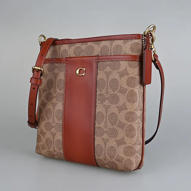【COACH】Kitt經典C LOGO拼接皮革塗層帆布斜背包(卡其x紅棕)