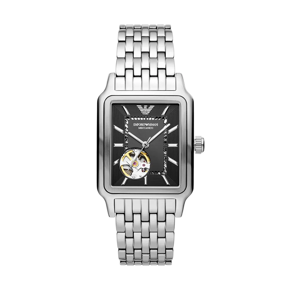 【EMPORIO ARMANI 官方直營】Diego 復古都會簍空機械手錶 銀色不鏽鋼鍊帶 36MM AR60057