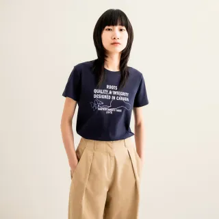 【Roots】Roots 女裝-摩登都市系列 漸層海狸線條短袖T恤(軍藍色)