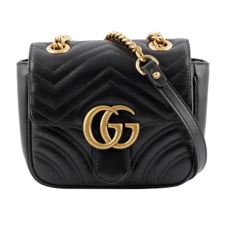 【GUCCI 古馳】GG Marmont 縫線迷你方胖斜背包(黑色)