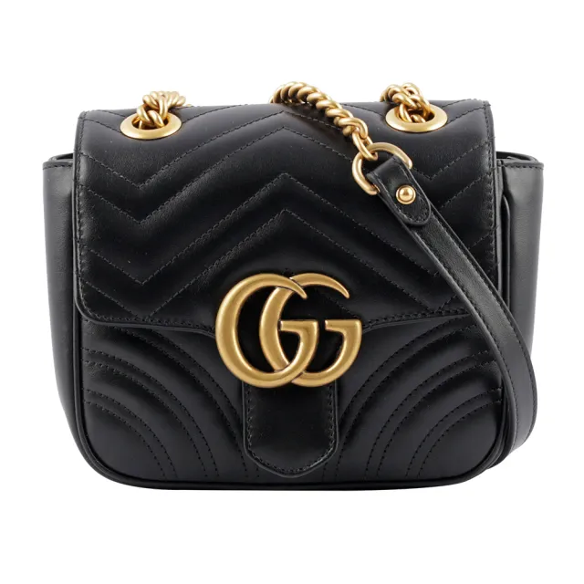 【GUCCI 古馳】GG Marmont 縫線迷你方胖斜背包(黑色)