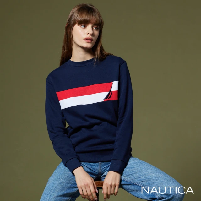 NAUTICA 女裝 跳色條紋大學T(藍)