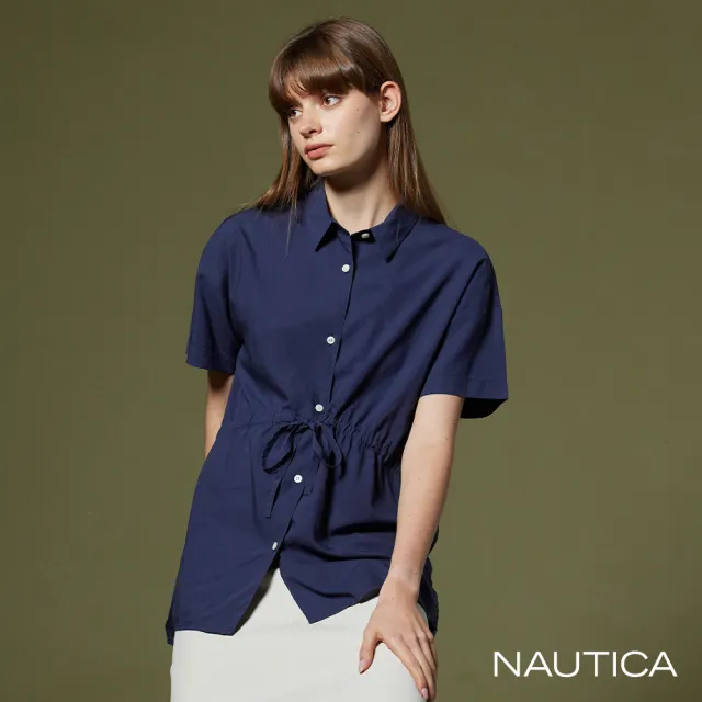 【NAUTICA】女裝 素面抽繩短袖襯衫(深藍)