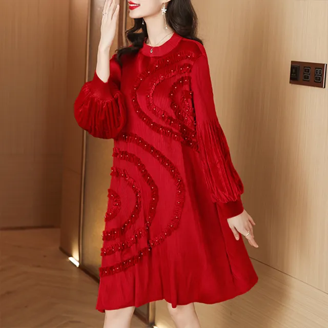 【K.W.】型-三宅風高工藝皺褶韓國珍珠高工藝洋裝(2色選一)