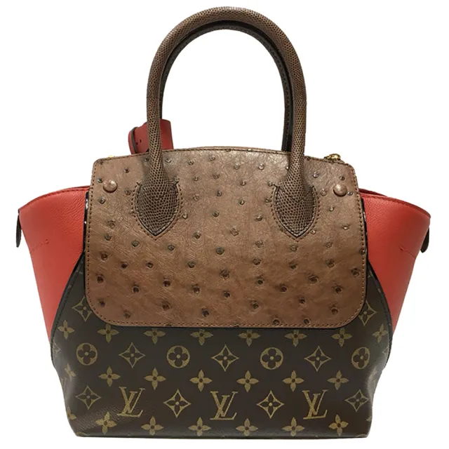 【Louis Vuitton 路易威登】N91662 經典限量秀款鴕鳥皮拼接Monogram花紋手提包(全新展示品-紅色)