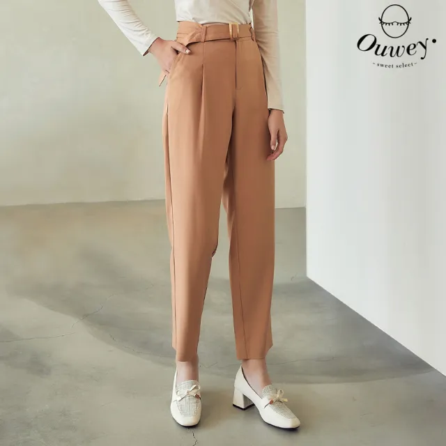 【OUWEY 歐薇】職場女力附腰帶直筒斜紋西裝褲(淺桔色；S-L；3223396607)