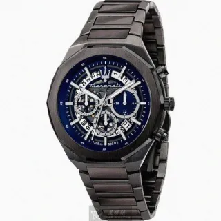 【MASERATI 瑪莎拉蒂】MASERATI手錶型號R8873642012(寶藍機械鏤空錶面黑錶殼深黑色精鋼錶帶款)