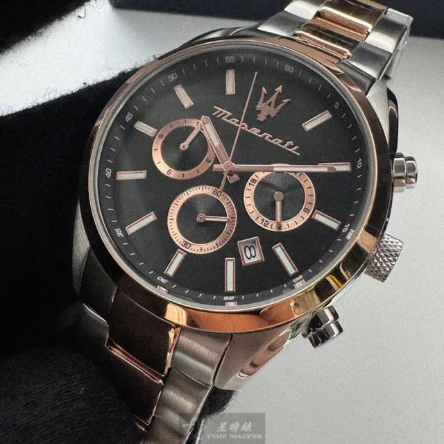 【MASERATI 瑪莎拉蒂】MASERATI手錶型號R8853151002(黑色錶面玫瑰金錶殼金銀相間精鋼錶帶款)