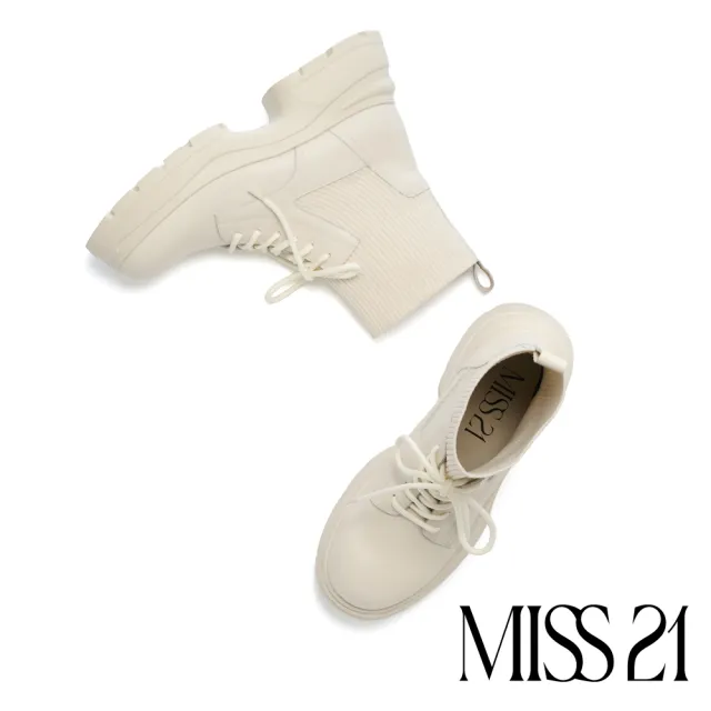 【MISS 21】日常率性純色綁帶牛皮拼接彈力飛織大頭厚底短靴(米白)