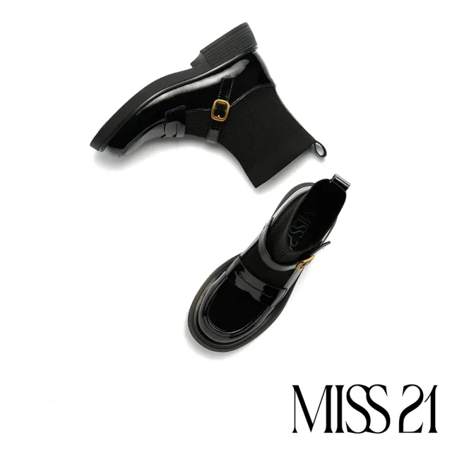 【MISS 21】古著感牛漆皮拼接彈力飛織魔鬼氈襪套式樂福厚底短靴(黑)