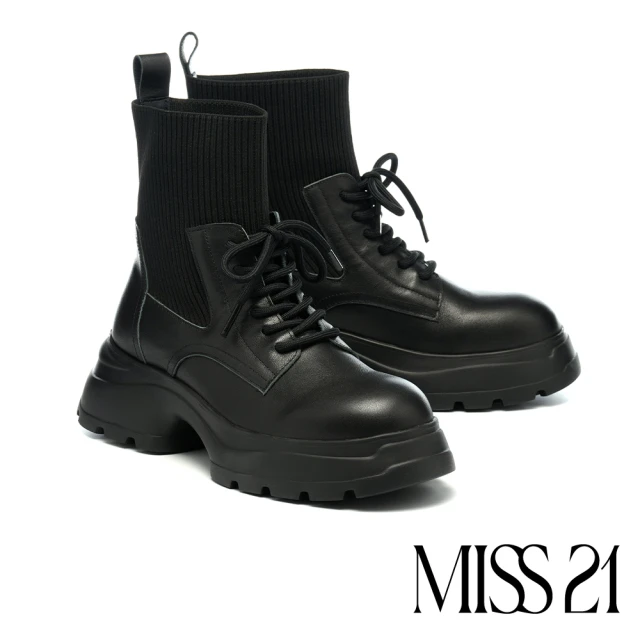 MISS 21 日常率性純色綁帶牛皮拼接彈力飛織大頭厚底短靴(黑)