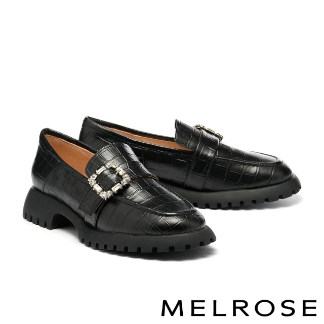 MELROSE 美樂斯 時髦方鑽飾鱷魚紋牛皮樂福厚底鞋(黑)