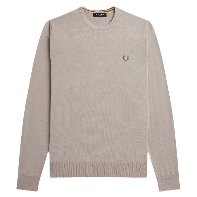 【FRED PERRY】男款 品牌刺繡LOGO 圓領長袖毛衣-深米色(S號、M號、L號、XL號)