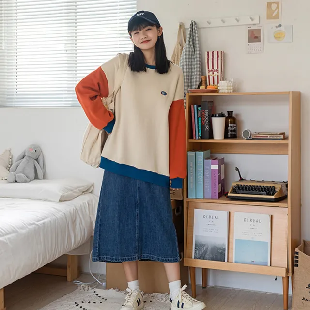 【那木】拼色加厚加絨圓領設計感大學T(羊糕絨純棉保暖減齡長袖上衣)