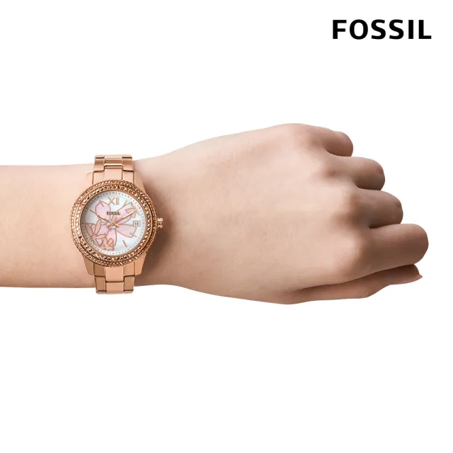 【FOSSIL 官方旗艦館】Stella 璀璨雙鑽圈花卉女錶 玫瑰金不鏽鋼鍊帶 指針手錶 37MM ES5192