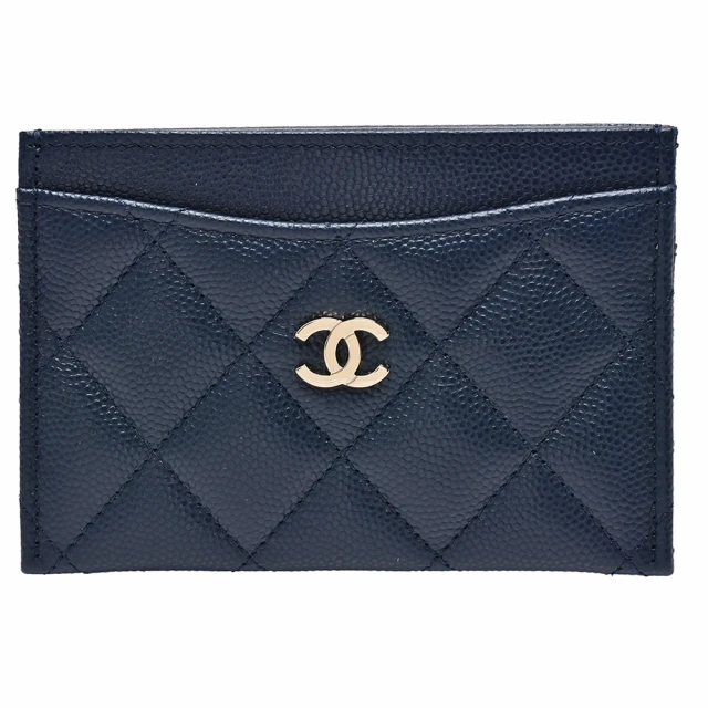 CHANEL 香奈兒 經典菱格粒紋牛皮雙C LOGO金釦萬用信用卡夾(深藍AP0213C-DEEP BLUE-GP)