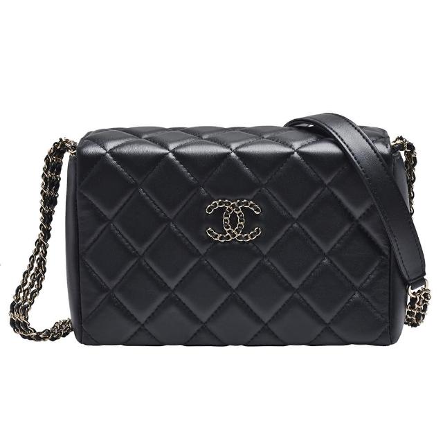 【CHANEL 香奈兒】經典雙C LOGO菱格紋小羊皮多鍊肩/斜背化妝包(黑AS3057L-BLK-GP)