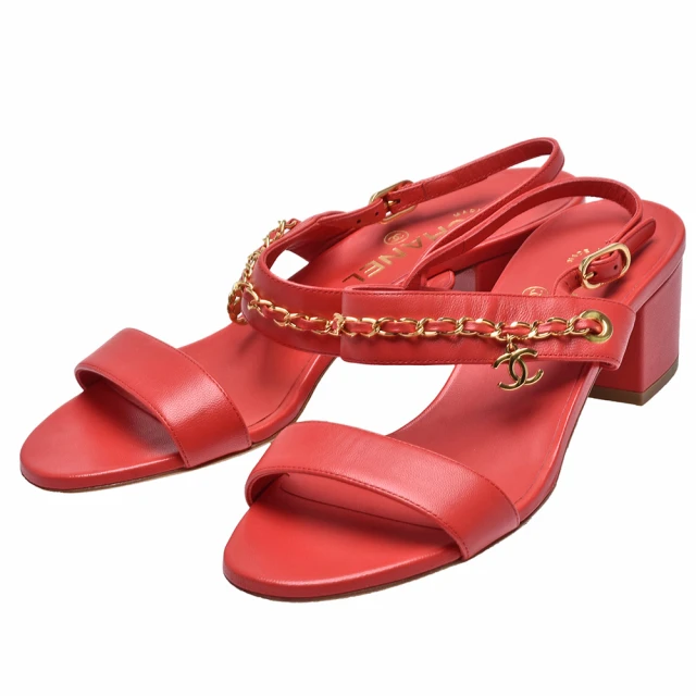 CHANEL 香奈兒CHANEL 香奈兒 經典鎖鍊裝飾露趾低跟涼鞋(紅色-展示品G33719-RED)