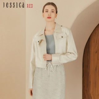 【Jessica Red】輕薄修身襯衫領拉鏈短版外套R35008（米白）