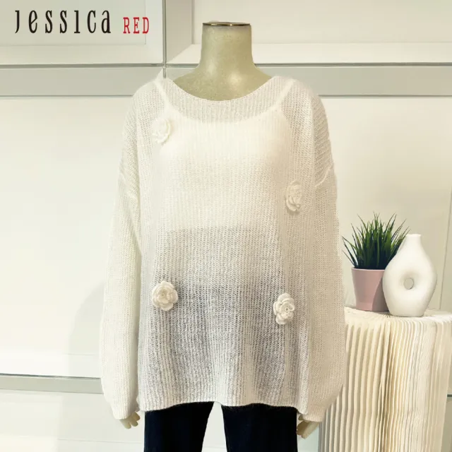 【Jessica Red】輕薄甜美立體花朵寬鬆鏤空毛衣R34501（白）