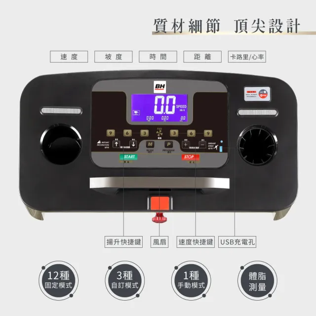 【BH】G7065 輕摺光導電動跑步機(桌型面板/ZWIFT/藍芽音響/USB充電/訓練模式/體脂測量/爬坡訓練)