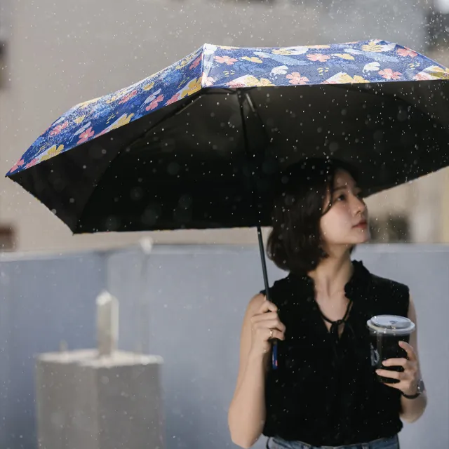 【rento】碳纖輕量黑膠晴雨傘-花朝月夕 深藍(碳纖傘骨 日系傘 黑膠傘 防曬 降溫  抗UV)
