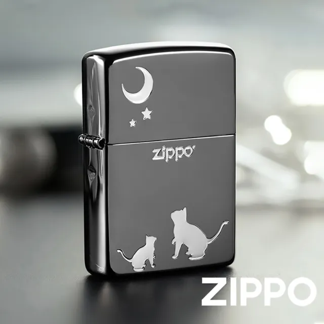 【Zippo官方直營】望月貓咪-黑冰銀-防風打火機(美國防風打火機)