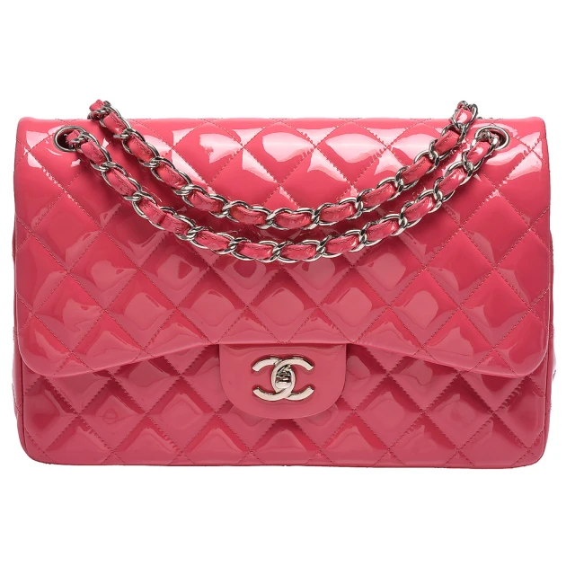 CHANEL 香奈兒 經典雙C LOGO漆皮銀鍊JUMBO COCO包(蜜桃粉-30cm-58600V-PINK-SS)