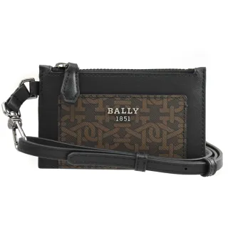 【BALLY】經典B字LOGO印花拼接頸掛式信用卡名片零錢包(黑)