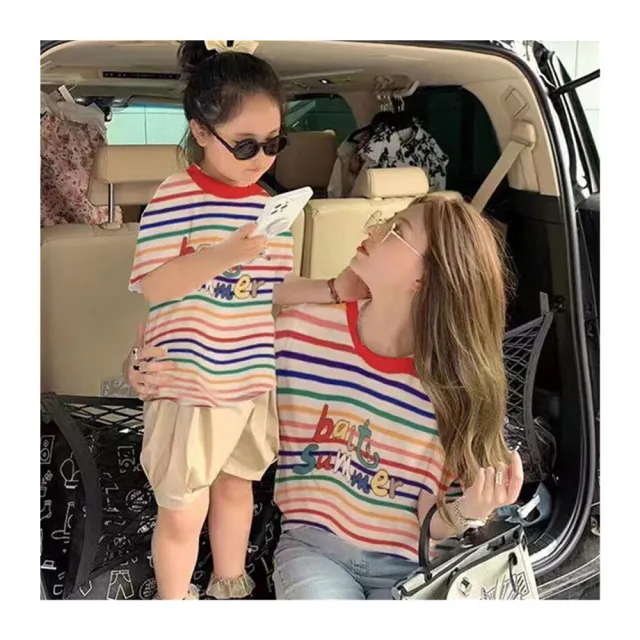 【安朵童舖】現貨韓版兒童短袖上衣女寶幻彩笑臉上衣笑臉短袖T恤親子裝媽媽裝(27)