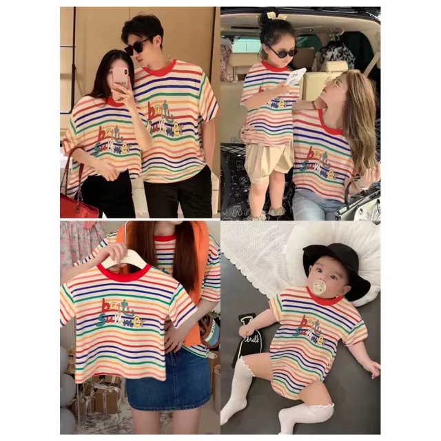 【安朵童舖】現貨韓版兒童短袖上衣女寶幻彩笑臉上衣笑臉短袖T恤親子裝媽媽裝(27)