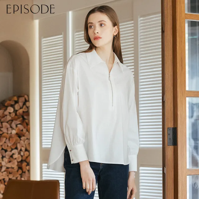 【EPISODE】休閒寬鬆拉鏈棉質長袖襯衫E35302（白）