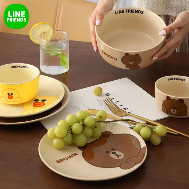 【LINE FRIENDS】熊大莎莉兔兔陶瓷餐盤餐碗湯匙4件組(可微波)