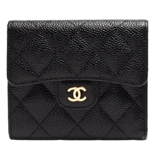 【CHANEL 香奈兒】經典亮金色雙C LOGO菱格粒紋牛皮釦式三折短夾(黑AP0231C-BLK-GP)