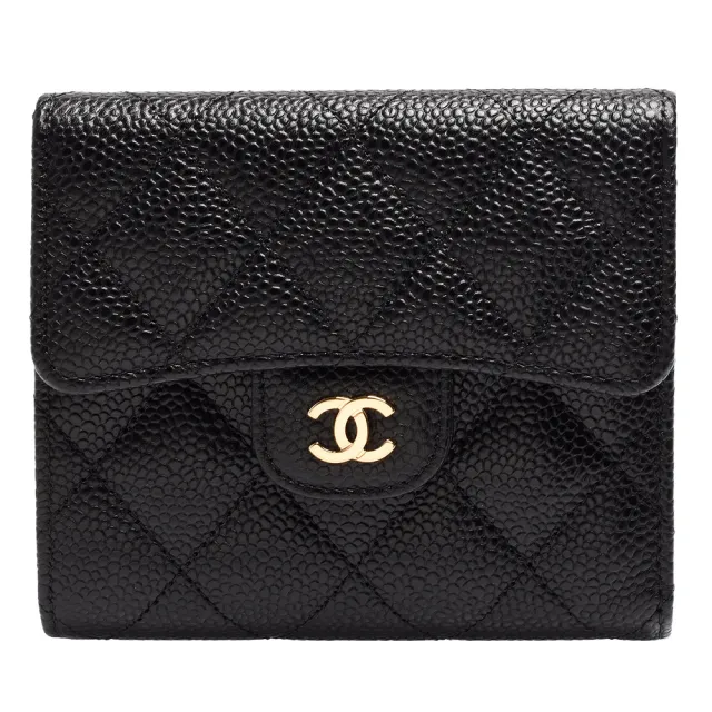 【CHANEL 香奈兒】經典亮金色雙C LOGO菱格粒紋牛皮釦式三折短夾(黑AP0231C-BLK-GP)