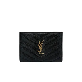 【YSL】金logo粒面皮革二折扣式零錢袋短夾(668287-黑)