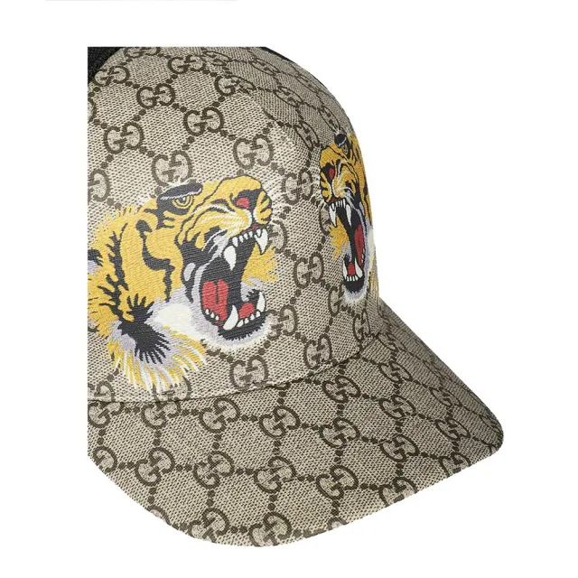 【GUCCI 古馳】426887 經典GG supreme系列老虎印花透氣棒球帽/鴨舌帽(棕色)