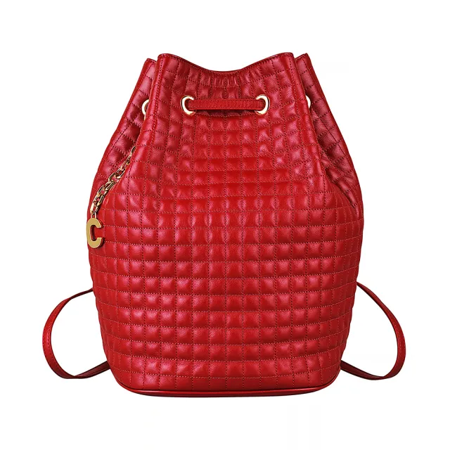 【CELINE】CELINE C Charms金屬LOGO壓印格紋設計小牛皮束口後背包(紅)