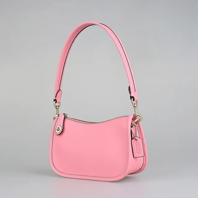 【COACH】COACH Swinger 20吊牌LOGO牛皮仿舊金轉釦拉鍊肩背包(泡泡糖粉紅)
