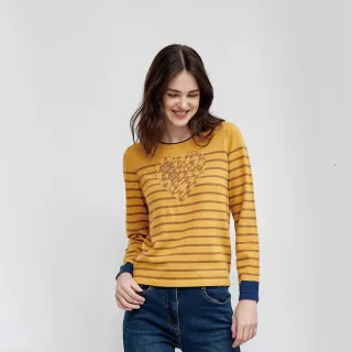 【MYSHEROS 蜜雪兒】羊毛針織造型上衣 條紋亮鑽裝飾 圓領撞色拼接(黃)