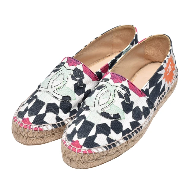 CHANEL 香奈兒 經典Espadrilles雙C LOGO帆布鉛筆鞋(白/黑色G29762-WHI-BLK)