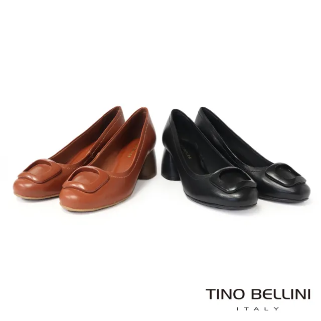【TINO BELLINI 貝里尼】巴西進口梯形扣圓頭粗跟鞋FWDT020-1(黑色)