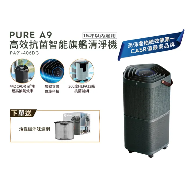 Electrolux 伊萊克斯 Pure A9 高效抗菌智能旗艦清淨機(PA91-406DG 沉穩黑 9-14坪)