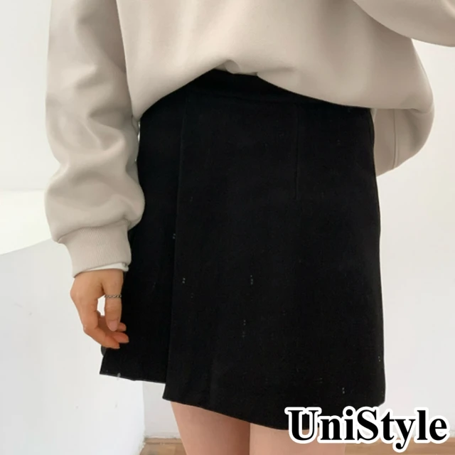 UniStyleUniStyle 毛呢壓褶短裙 韓版顯瘦包臀裙 女 UPQ9389(黑)