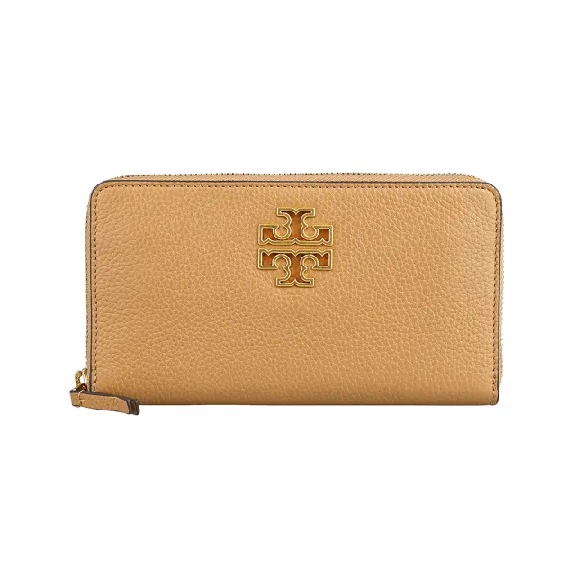 【TORY BURCH】TORY BURCH Britten鏤空金字LOGO小牛皮10卡拉鍊長夾(提拉米蘇棕/附鍊帶卡夾)